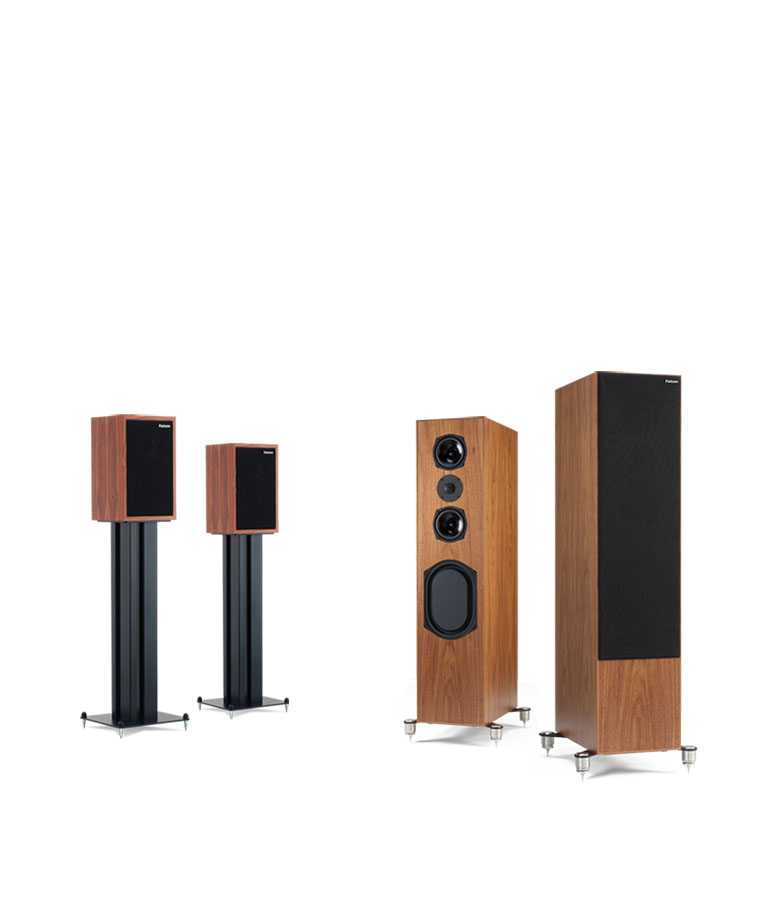 Falcon Acoustics Speakers Falcon LS3/5A Gold Badge Loudspeaker with stand. Pair of Falcon M50 Loudspeakers—shown with and without grille.