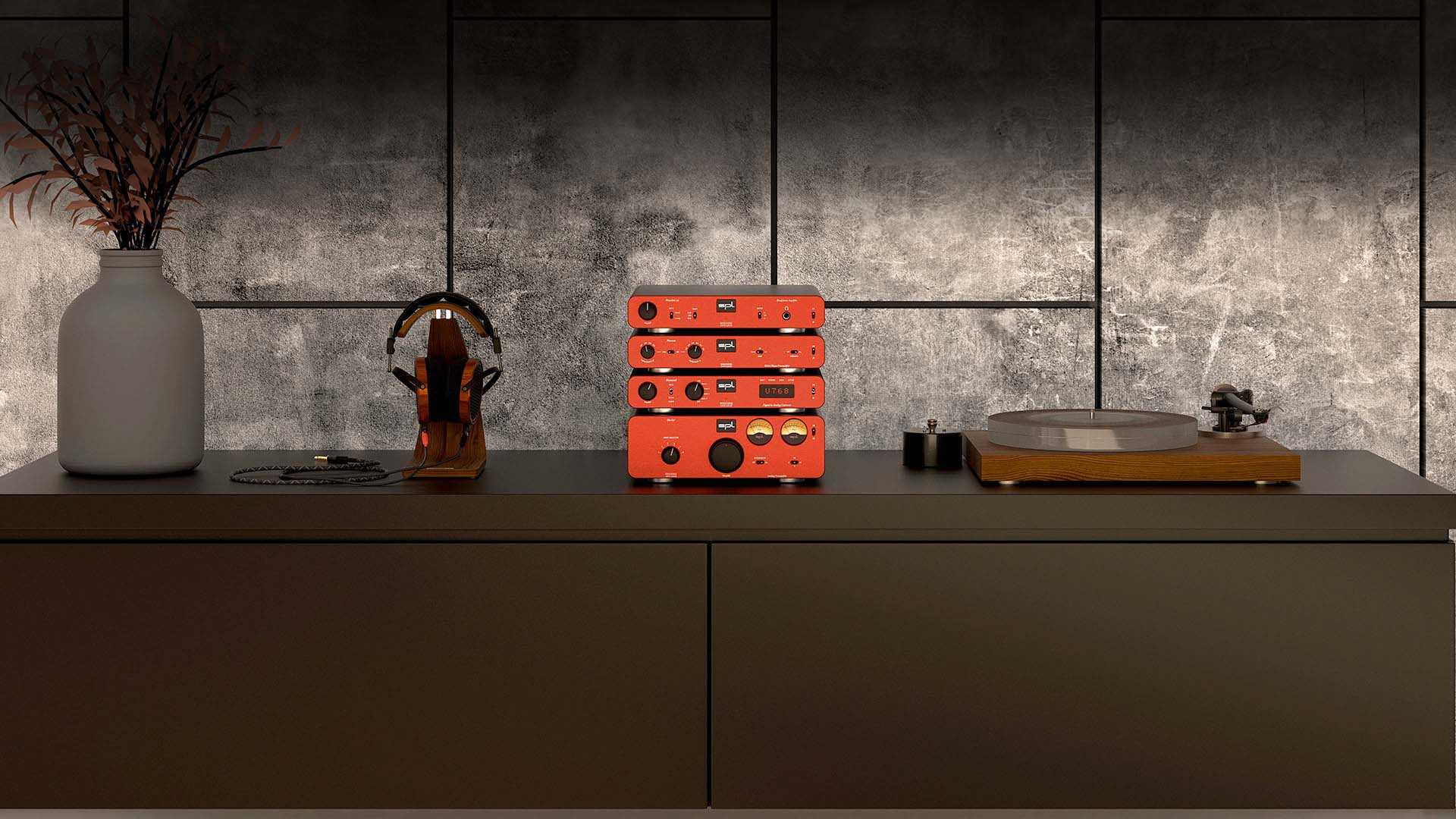 Sound Performance Lab (SPL) of Germany product display SPL Phonitor se Headphone Preamplifier; SPL Phonos RIAA Phono Preamplifer; SPL Diamond D/A Converter; and SPL Elector Analog Preamplifier