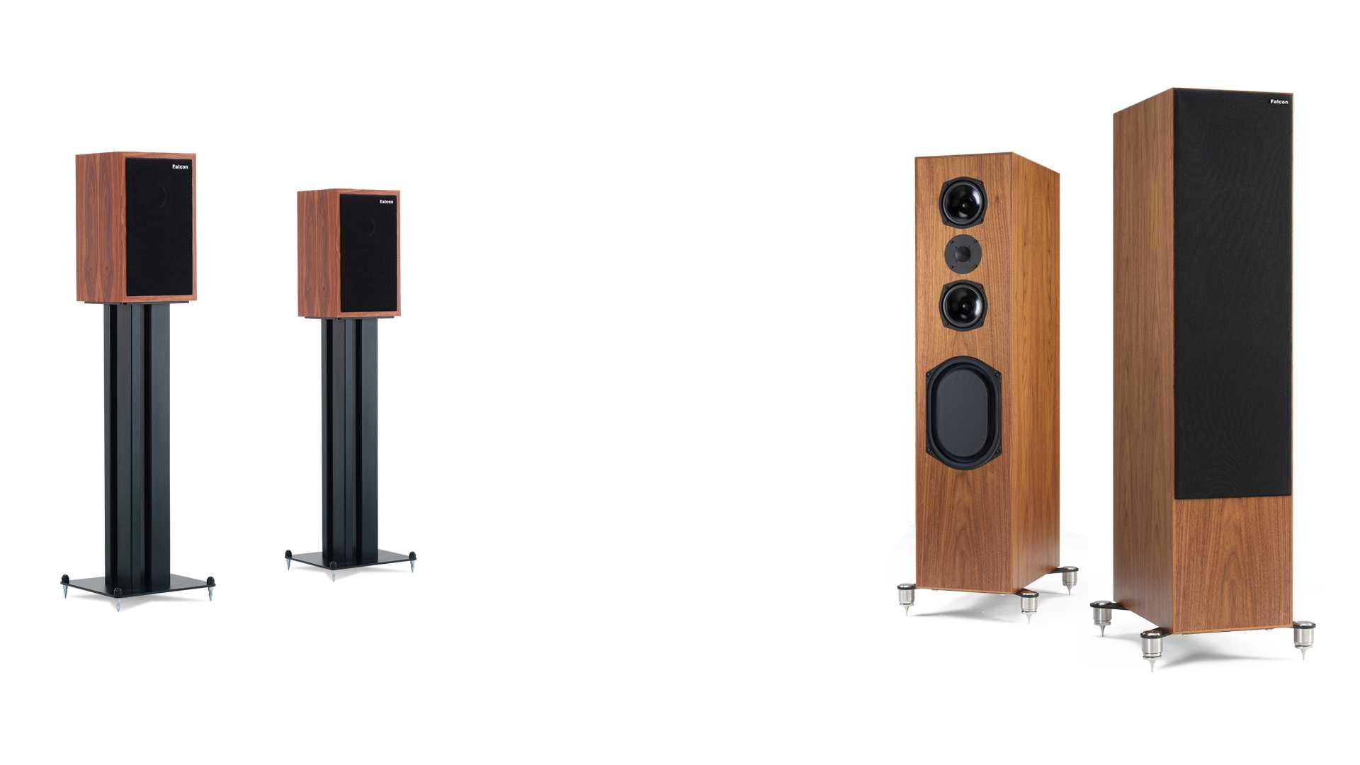 Falcon Acoustics Speakers Falcon LS3/5A Gold Badge Loudspeaker with stand. Pair of Falcon M50 Loudspeakers—shown with and without grille.